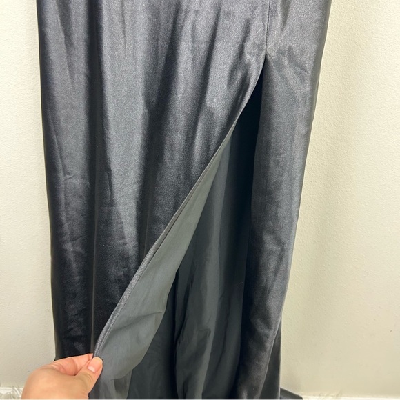 Birdy Grey floor length shiny satin one shoulder lace tie-up back gown size: S - Picture 4 of 15